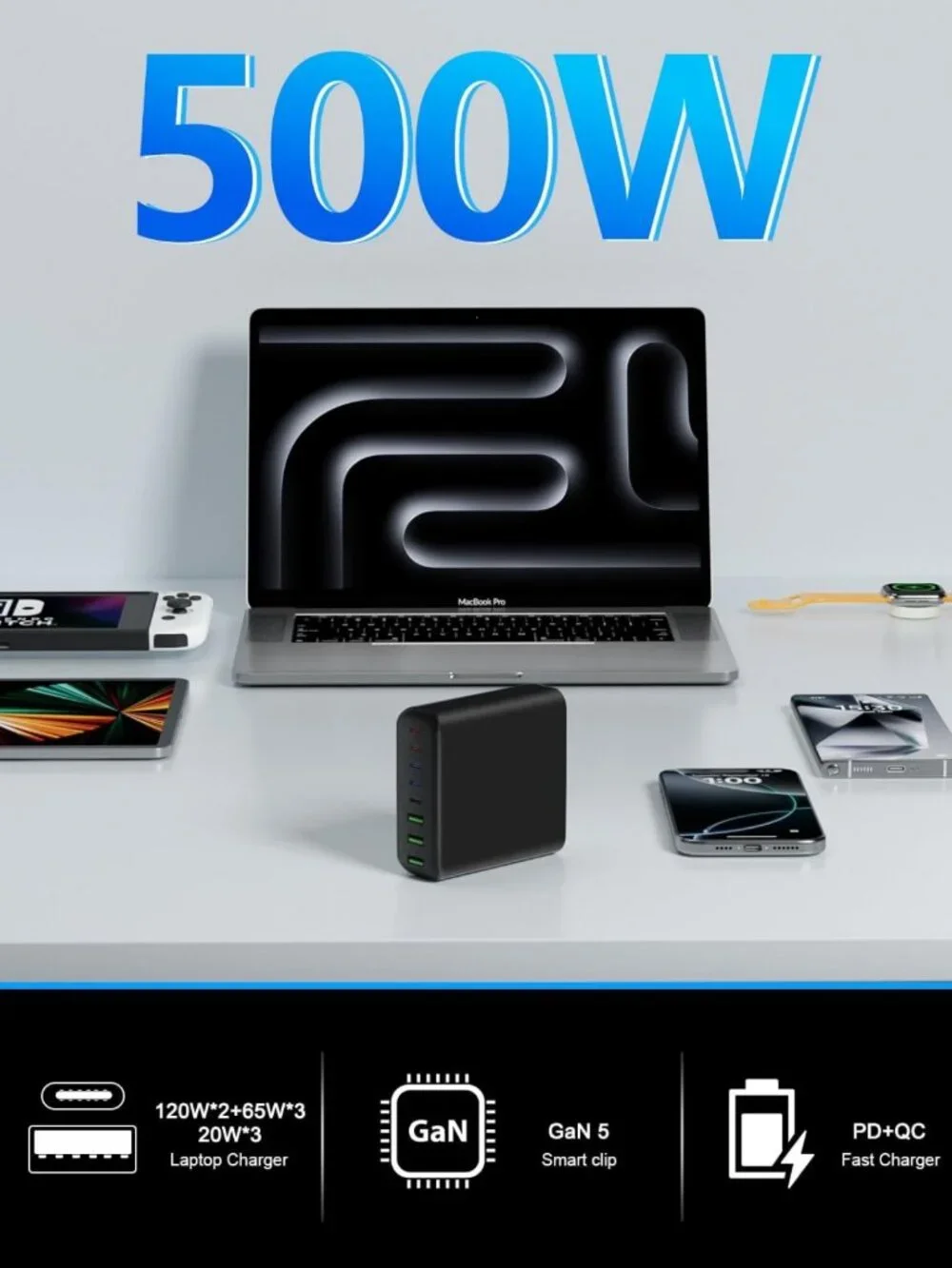 500W 8-Port USB C Fast Charging Station for Laptops, iPads, iPhones & Galaxy